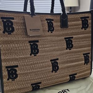 Burberry Tan and Black Raffia Tote Bag